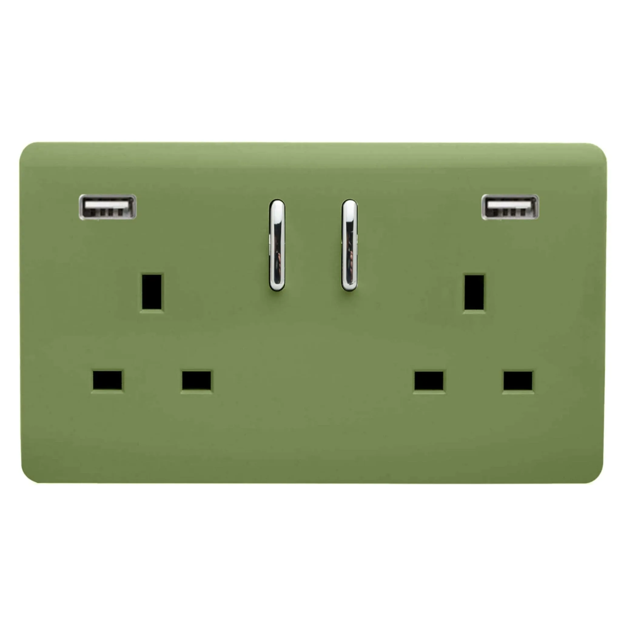 2 Gang 13Amp Short S/W Double Socket With 2x3.1Mah USB Moss Green